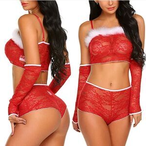 Christmas Red Womens 3piece Sexy Lingerie Babydoll Lace Top and Short Panties US